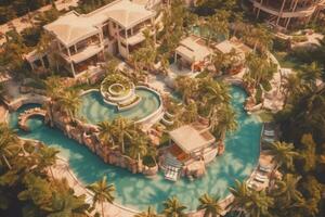 Aerial shot of a luxurious beach resort on tropical island, featuring stunning infinity pools, private villas, and pristine landscapes, enticing viewers to indulge in an idyllic escape. Generative AI photo