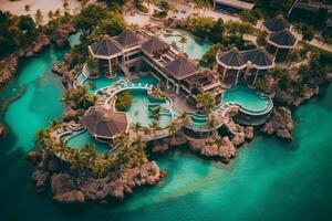 Aerial shot of a luxurious beach resort on tropical island, featuring stunning infinity pools, private villas, and pristine landscapes, enticing viewers to indulge in an idyllic escape. Generative AI photo