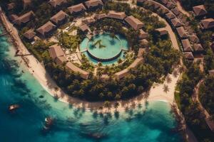 Aerial shot of a luxurious beach resort on tropical island, featuring stunning infinity pools, private villas, and pristine landscapes, enticing viewers to indulge in an idyllic escape. Generative AI photo