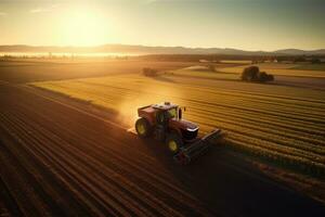 An aerial shot of a tractor plowing the fields at sunset, highlighting the modern machinery and technology used in farming practices. Generative Ai photo