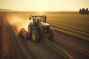 An aerial shot of a tractor plowing the fields at sunset, highlighting the modern machinery and technology used in farming practices. Generative Ai photo