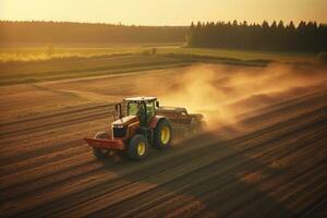 An aerial shot of a tractor plowing the fields at sunset, highlighting the modern machinery and technology used in farming practices. Generative Ai photo