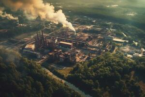 un aéreo ver capturar un industrial zona limítrofe un una vez exuberante bosque, ilustrando el invasión de contaminación en natural hábitats. generativo ai foto