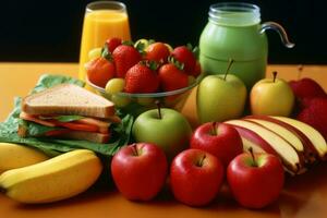 equilibrado y nutritivo colegio almuerzo, presentando vistoso frutas, verduras, sándwiches, y un caja de cartón de leche, promoviendo sano comiendo hábitos entre estudiantes. generativo ai foto