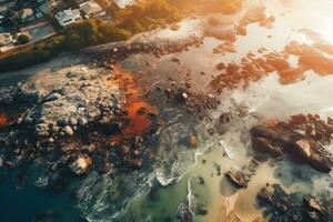 An aerial view of a polluted estuary or river flowing into the ocean, highlighting the consequences of industrial pollution on marine ecosystems. Generative Ai photo
