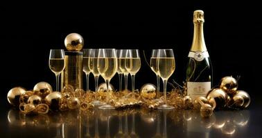 Popping champagne bottles, golden bubbles, and cascading champagne glasses, capturing the spirit of celebration and luxury for a captivating Christmas design. Generative AI photo