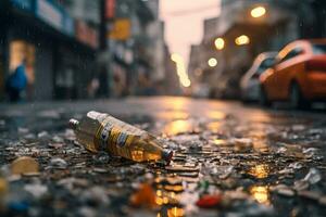 An attention-grabbing photo of a litter-filled street in a polluted city, emphasizing the importance of proper waste management and reducing plastic consumption. Generative Ai