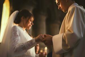 A priest officiating a wedding ceremony, joining the hands offering a blessing, symbolizing the sacred union of marriage. Generative Ai photo