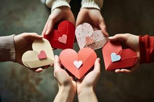 An image featuring hands holding heart-shaped cards with handwritten messages, emphasizing the sentimental and personal aspects of expressing love on Valentine's Day. Generative Ai photo