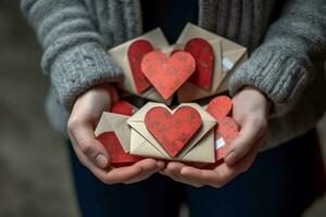 An image featuring hands holding heart-shaped cards with handwritten messages, emphasizing the sentimental and personal aspects of expressing love on Valentine's Day. Generative Ai photo