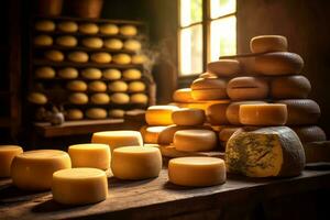 Large cheese wheels, stacked and arranged attractively, symbolizing the authenticity and tradition associated with artisanal cheese-making. Generative Ai photo