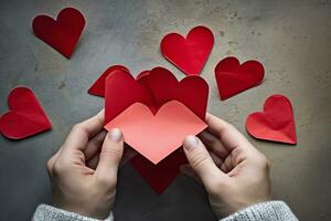 An image featuring hands holding heart-shaped cards with handwritten messages, emphasizing the sentimental and personal aspects of expressing love on Valentine's Day. Generative Ai photo