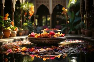 Decorated Moroccan Riad courtyard, featuring colorful tiles, lush plants, and a central fountain, conveying the tranquil and exotic atmosphere. Generative Ai photo