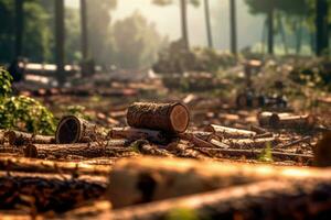 An image showcasing the aftermath of illegal logging, with tree stumps and destruction, highlighting the importance of sustainable forestry practices. Generative Ai photo