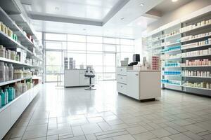 An image showcasing the clean and organized interior of a modern pharmacy, with neatly arranged shelves displaying various pharmaceutical products. Generative Ai photo