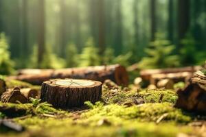 An image showcasing the aftermath of illegal logging, with tree stumps and destruction, highlighting the importance of sustainable forestry practices. Generative Ai photo