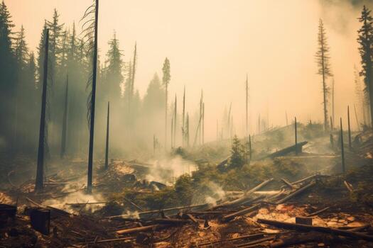 An impactful image showcasing the devastating effects of pollution on a forest landscape, with dead trees and smog-filled air. Generative Ai photo