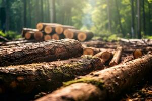 An image showcasing the aftermath of illegal logging, with tree stumps and destruction, highlighting the importance of sustainable forestry practices. Generative Ai photo