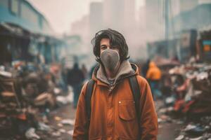 persona vistiendo un protector máscara en medio de un fuertemente contaminado urbano ambiente, enfatizando el salud riesgos asociado con aire contaminación. generativo ai foto