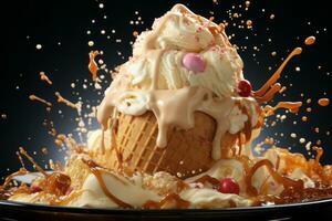 Banana Ice Cream Splashing in waffle cone. Generative AI photo