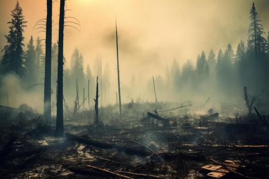 An impactful image showcasing the devastating effects of pollution on a forest landscape, with dead trees and smog-filled air. Generative Ai photo