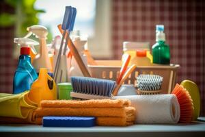 An organized image featuring a neatly arranged set of cleaning tools and products, symbolizing efficiency and showcasing the essentials for a successful cleaning routine. Generative AI photo