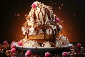 Chocolate Ice Cream Splashing in waffle cone. Generative AI photo