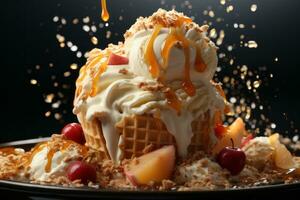 Banana Ice Cream Splashing in waffle cone. Generative AI photo