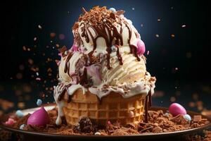 Chocolate Ice Cream Splashing in waffle cone. Generative AI photo