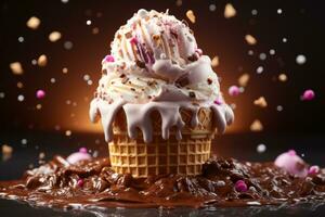 Chocolate Ice Cream Splashing in waffle cone. Generative AI photo
