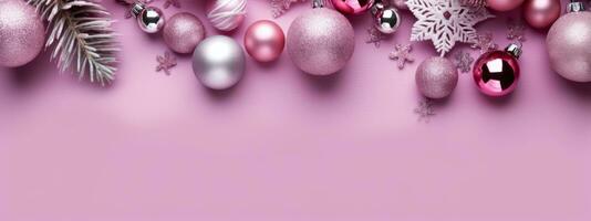 Pink Christmas balls and decorations on a pink background, with copy space. Generative Ai photo