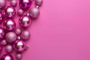 Pink Christmas balls and decorations on a pink background, with copy space. Generative Ai photo