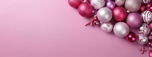 Pink Christmas balls and decorations on a pink background, with copy space. Generative Ai photo