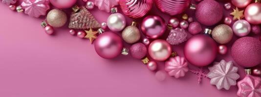 Pink Christmas balls and decorations on a pink background, with copy space. Generative Ai photo