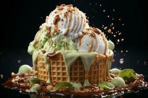 Pistachio Ice Cream Splashing in waffle cone. Generative AI photo
