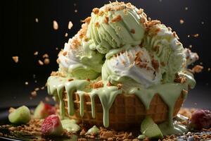 Pistachio Ice Cream Splashing in waffle cone. Generative AI photo