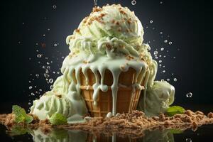 Pistachio Ice Cream Splashing in waffle cone. Generative AI photo