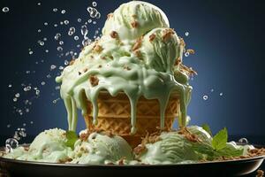 Pistachio Ice Cream Splashing in waffle cone. Generative AI photo
