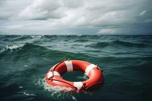 Dramatic ocean rescue scene with stormy sky, red lifebuoy floating in the water. Rescue is looking for the survivors. Generative AI photo