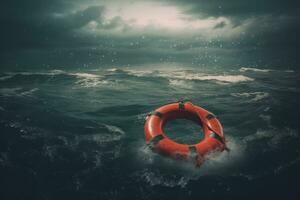 Dramatic ocean rescue scene with stormy sky, red lifebuoy floating in the water. Rescue is looking for the survivors. Generative AI photo
