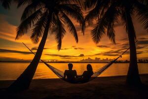 Tropical island sunset with silhouettes of palm trees and a couple relaxing in hammocks, evoking a sense of tranquility and bliss. Generative Ai photo