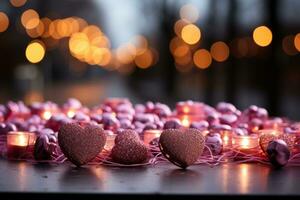 Valentine's day , chocolates on background on bokeh light background. Blurred background. Generative AI photo