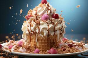 Vanilla Ice Cream Splashing in waffle cone. Generative AI photo
