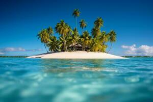 vibrante imagen de un tropical isla con lozano palma árboles, blanco arenoso playas, y claro azul cielo, representando paraíso y relajación. generativo ai foto