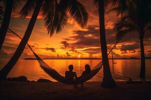 tropical isla puesta de sol con siluetas de palma arboles y un Pareja relajante en hamacas, evocando un sentido de tranquilidad y dicha. generativo ai foto