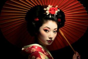 hermosa japonés geisha mujer en tradicional floral ropa. generativo ai foto
