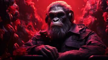 A vibrant, image showcases a charismatic, headphone-wearing gorilla against a bold red backdrop. The gorilla, adorned with glasses, exudes a sense of coolness and is engrossed in music. Generative Ai photo