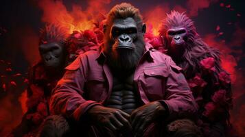 A big boss gorilla sit surrounded by bodyguards, in background are flame and fire. Generative Ai photo