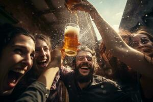 A group of friends raising their glasses in a dynamic toast, with beer splashing out of the glasses in mid-air, emphasizing the social aspect of enjoying beer with friends. Generative AI photo