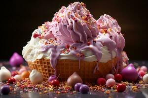 Unicorn flavour Ice Cream Splashing in waffle cone. Generative AI photo